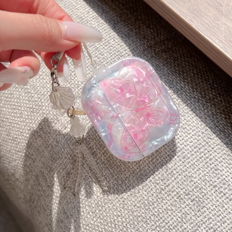 シェル風蝶柄 Airpods Pro3ケース 可愛すぎる Airpods 4/3カバー  AirpodsPro2/1  キーホルダー付 女子力アップ [M6661]
