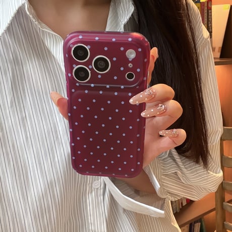 水玉ドット柄 iPhone18Pro/18proMaxケース カメラ保護 iPhone17Pro/16/15カバー バーガンディ／グレーシャー 大人かわいい [M6783]