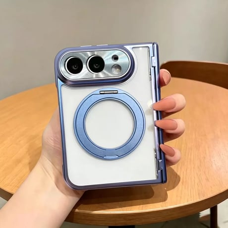iPhone Duo専用ケース 強化ガラスフィルム一体型 360°回転リングスタンド付き  ヒンジ保護 MagSafe対応 メッキ 高透明 耐衝撃 黄ばみにくい [M6845]
