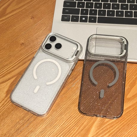 キラキラクリア MagSafe対応 iPhone18Pro/18ProMaxケース カメラスタンド付き iPhone17Pro/16ケース ラメ入り メタルフレーム[M6733]