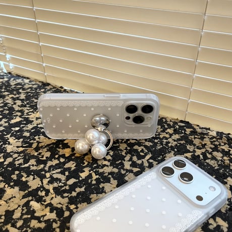 真珠リング iPhone17Pro/17ケース 甘めコーデ iPhone16Pro/15ProMaxケース レース柄 スタンド機能 かわいい[M6667]