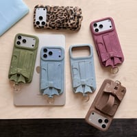 ビジューリボン iPhone18Pro/17Proケース スタンド機能 カード収納リング付き iPhone16Pro/15ケース レザー調 多機能 [M6868]