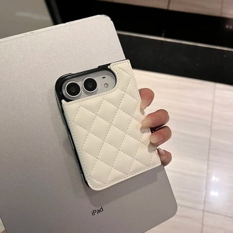 iPhone Duo専用ケース キルティング手帳型 レザー製調 カードポケット・クリア窓付き 菱形 便利 [M6848]