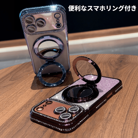 iPhone18Pro/17ケース 鏡付Magsafeリングスタンド iPhone16/15Proケース  ストーン  綺麗 多機能 コスパ最強[M3769]