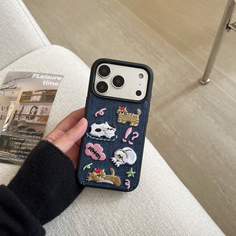 立体刺繍×デニム iPhone18Pro/18ProMax アニマル iPhone17/16/15カバー レトロ可愛い 高級感 耐衝撃[M6828]