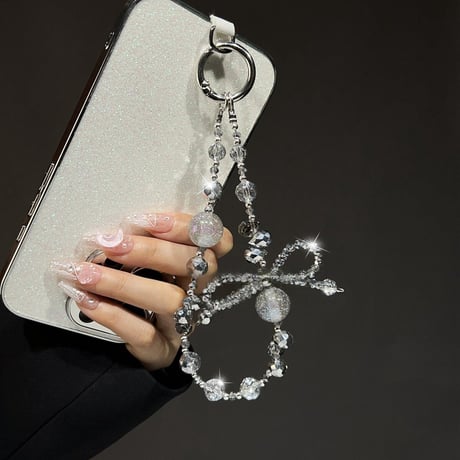高級感  スマホストラップ クリスタル チャーム リボン お洒落  女子力アップ  iPhone、Xperia、Google Pixe、AQUOS、Xiaomi、Galaxy  [M6685]