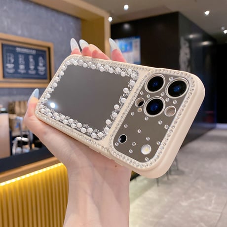 真珠とジュエリーデコ ミラー iPhone17pro/17ケース カメラ保護 iPhone16promax/15/14/13proカバー カラーフレーム きれい[M6570]