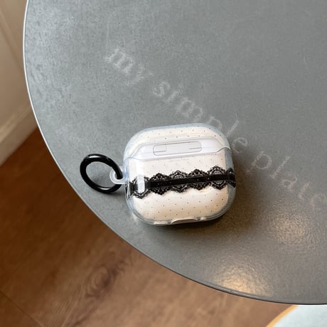 AirPods 5 ケース クリアドット×ブラックレース AirPodsPro3/Pro2 リボンストラップ＆カラビナ付き Airpods4/3カバー エレガント [M6769]]