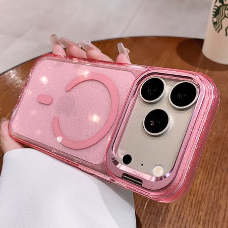 キラキラクリア MagSafe対応 iPhone18Pro/18ProMaxケース カメラスタンド付き iPhone17Pro/16ケース ラメ入り メタルフレーム[M6733]