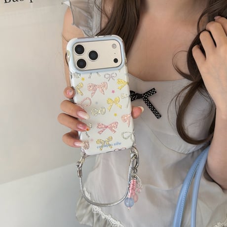 多彩リボン柄 iPhone17pro/17ケース オシャレ iPhone16promax/15ケース ストラップ付 可愛い [M6628]