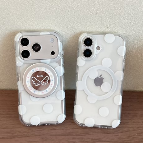 ミラーグリップ付 iPhone17pro/17ケース 水玉模様 iPhone16/15pro/17promaxケース 日常/旅行に合う 便利実用[M6551]