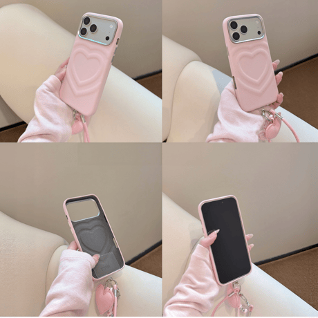 ぷっくりハート レザー調 iPhone18Pro/18ProMaxケース 手首に通せるハンドストラップ付き iPhone17/16Pro/15カバー  落ちにくい  大人ガーリー[M6793]