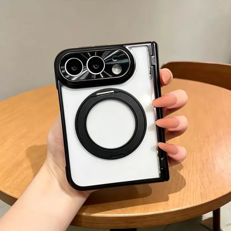 iPhone Duo専用ケース 強化ガラスフィルム一体型 360°回転リングスタンド付き  ヒンジ保護 MagSafe対応 メッキ 高透明 耐衝撃 黄ばみにくい [M6845]