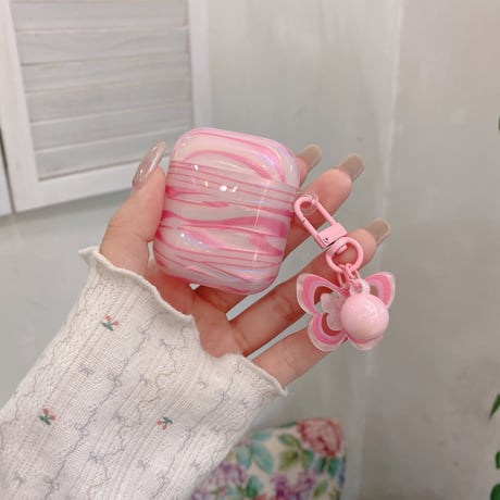 艶感シェル風 Airpods Pro3ケース 蝶キーホルダー Airpods 4/3カバー  AirpodsPro2/1  ピンク プレゼントにおすすめ [M6656]