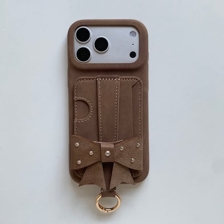 ビジューリボン iPhone18Pro/17Proケース スタンド機能 カード収納リング付き iPhone16Pro/15ケース レザー調 多機能 [M6868]