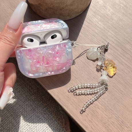 シェル風蝶柄 Airpods Pro3ケース 可愛すぎる Airpods 4/3カバー  AirpodsPro2/1  キーホルダー付 女子力アップ [M6661]