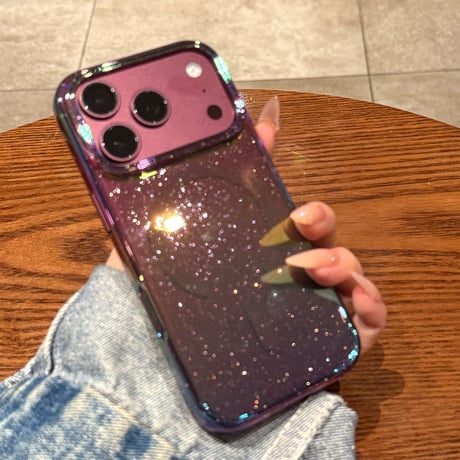 オーロラキラキラグラデーション iPhone18Pro/18ProMaxケース MagSafe対応 iPhone17ProMax/16ケース ラメ入り おしゃれ 透明 耐衝撃 [M6807]