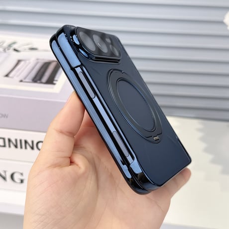 iPhone Duoケース 全面保護 360度回転スタンド カメラレンズ保護カバー付 高級レザー Magsafe対応 ヒンジ保護  メッキフレーム  [M6888]