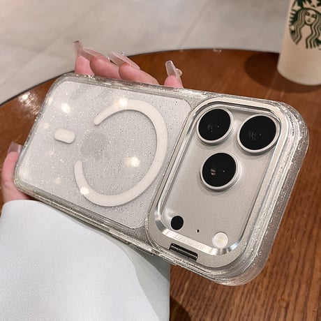 キラキラクリア MagSafe対応 iPhone18Pro/18ProMaxケース カメラスタンド付き iPhone17Pro/16ケース ラメ入り メタルフレーム[M6733]