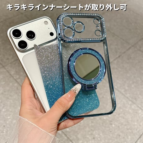 iPhone18Pro/17ケース 鏡付Magsafeリングスタンド iPhone16/15Proケース  ストーン  綺麗 多機能 コスパ最強[M3769]