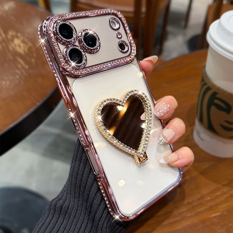 ハートミラースタンド付 iPhone17/17Proケース ジュエリーライン iPhone16/15Proケース 綺麗 オシャレ 人気品[M6593]
