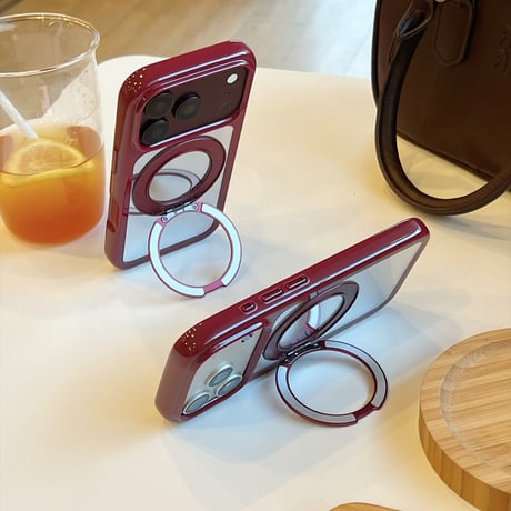 ミラー付き iPhone18Pro/18ProMaxケース リングスタンド一体型 iPhone17/16Pro/15カバー  丈夫 多機能 メイク直しも動画視聴もこれ1つ [M6873]