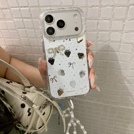 可愛いミラー iPhone17Pro/17ケース イチゴ/ウサギ/ワンちゃん/レース iPhone17Promax/16Pro/15ケース 真珠ストラップ[M6663]