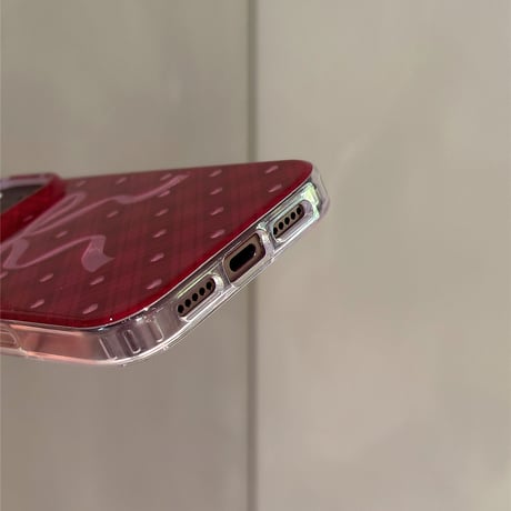 バーガンディに合う iPhone18Pro/18ProMaxケース リボン／ハート柄  チェック柄 オトナ可愛い iPhone17/16/15Proカバー  大人ガーリー[M6849]