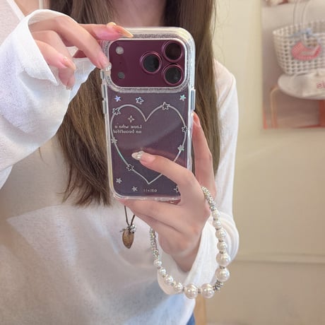 きらめくハート＆星柄 iPhone18Pro/18ProMaxケース グリッタークリア iPhone17Pro/16カバー パール風ハンドストラップ付き [M6885]