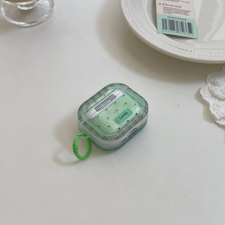 ミントグリーン AirPodsPro3/Pro2ケース チェック×ミニハート柄  AirPods4/3ケース カラビナ付き ギフトにおすすめ [M6738]