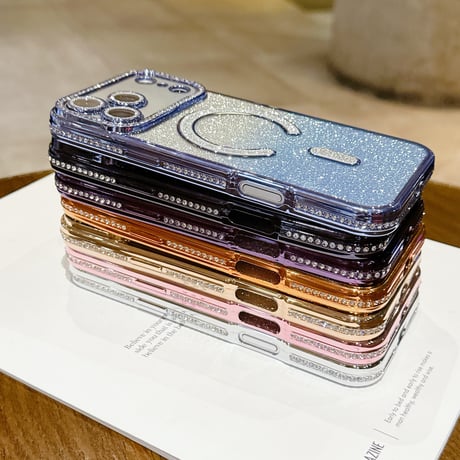 MagSafe対応 ラインストーン iPhone18Pro/18ProMaxケース グラデーションラメ iPhone17Pro/16ケース カメラ保護レンズ一体型 [M6816]