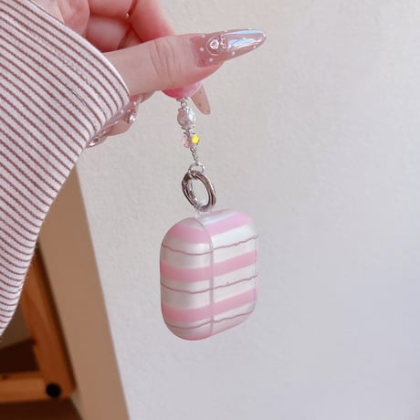 Airpods 5 対応ケース ストライプ  Airpodspro3/2/カバー Airpods4/3 カラビナ/ビーズチャーム付き パステルカラー[M6823]