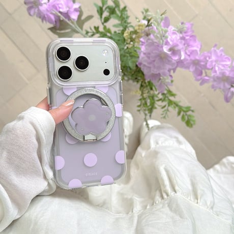 マグネット式花リングスタンド iPhone18Pro/18ProMaxケース MagSafe対応 iPhone17/16/15proケース 水玉模様[M6642