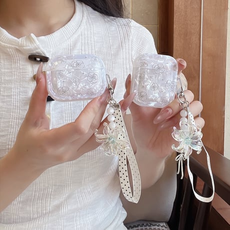 シェル風薔薇柄 Airpods Pro3ケース 花キーホルダー付 Airpods 4/3カバー  AirpodsPro2/1  ホワイト 女子力アップ [M6683]