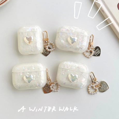 【Airpods5】キラキラハート AirpodsPro3/2ケース 貝殻紋 airpods4/3ケース  オシャレハートアクセサリー付 ソフト ギフトに最適 [M2595]