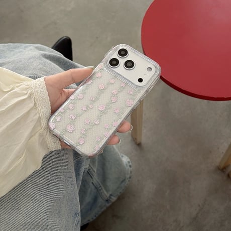 花柄 iPhone17Pro/17ケース ラメ入り iPhone16Pro/15ProMaxケース おしゃれ キラキラ感[M6643]