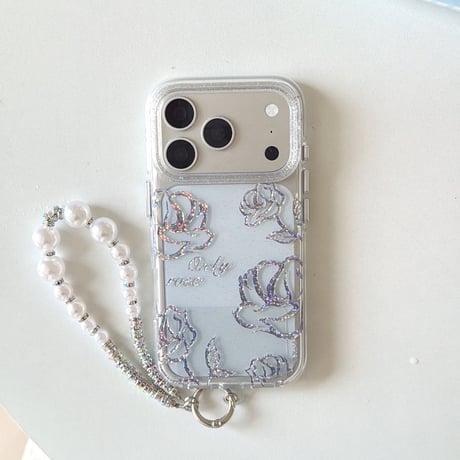 薔薇柄 iPhone18Pro/17ケース キラキララメ入り クリア iPhone16Pro/15/14ケース 真珠ストラップ 美しい[M6635]