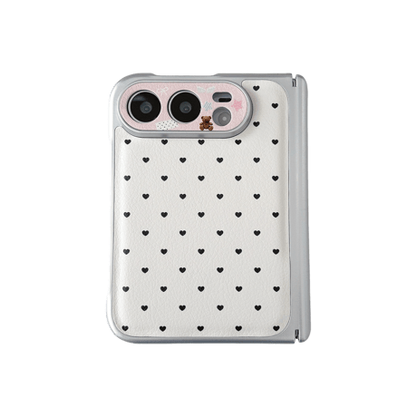 ミニハート柄 iPhone Duoケース レザー調 熊ちゃんカメラ保護カバー ヒンジ保護 フレンチガーリー[M6871]