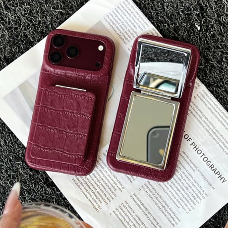 ミラースタンド付 iPhone18Pro/18ProMax クロコ型押し iPhone17/16/15カバー レザー調 高級感高品質 便利グッズ[M6856]