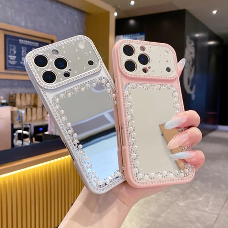 真珠とジュエリーデコ ミラー iPhone17pro/17ケース カメラ保護 iPhone16promax/15/14/13proカバー カラーフレーム きれい[M6570]