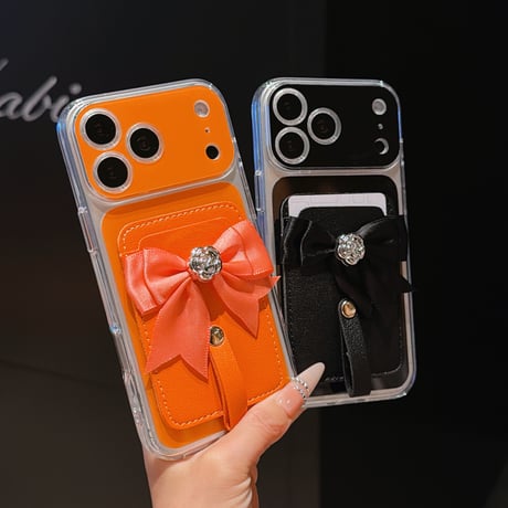 リボンデコカード入れ付 iPhone17Pro/17ケース カメラ保護  iPhone16Pro/15pro/14ケース 肌に優しい かわいい[M6598]