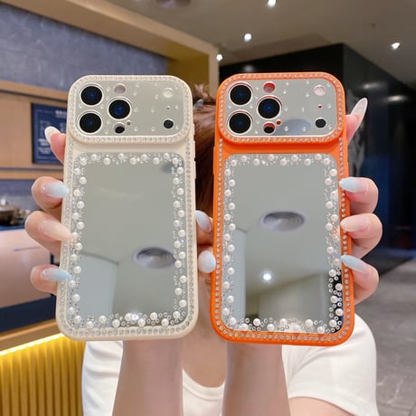 真珠とジュエリーデコ ミラー iPhone17pro/17ケース カメラ保護 iPhone16promax/15/14/13proカバー カラーフレーム きれい[M6570]