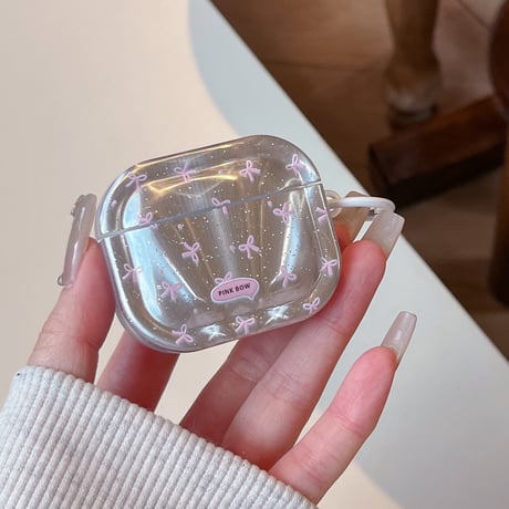 Airpods 5ケース オーロラクリア リボン柄 Airpodspro3/2/カバー 大人可愛い Airpods4/3  ラメ入り・リング付き[M6842]