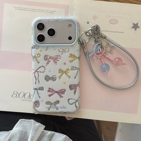 多彩リボン柄 iPhone17pro/17ケース オシャレ iPhone16promax/15ケース ストラップ付 可愛い [M6628]