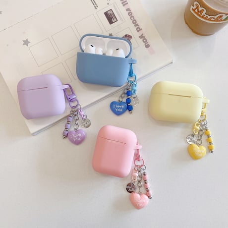 シリコン AirpodsPro3ケース  ハートキーホルダー付 Airpods4/3カバー pro2/Pro1ケース 充電口カバー付 可愛い 指紋防止[M6586]