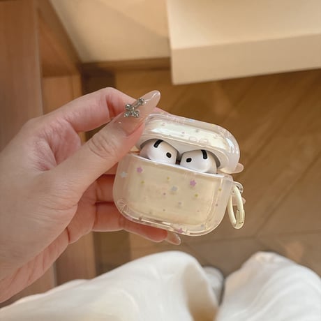 ベージュ色 Airpods Pro3ケース リボン 星柄 Airpods 4/3カバー  かわいい  淡色系 女子力アップ [M6700]