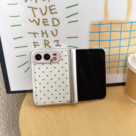 ミニハート柄 iPhone Duoケース レザー調 熊ちゃんカメラ保護カバー ヒンジ保護 フレンチガーリー[M6871]