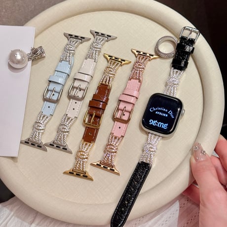 ダイヤリボンとレザー  AppleWatchバンド 高級感高品質 AppleWatchベルト Series 11/10/9/8 SE3/2  Ultra3/2/1 エレガント[M6666]