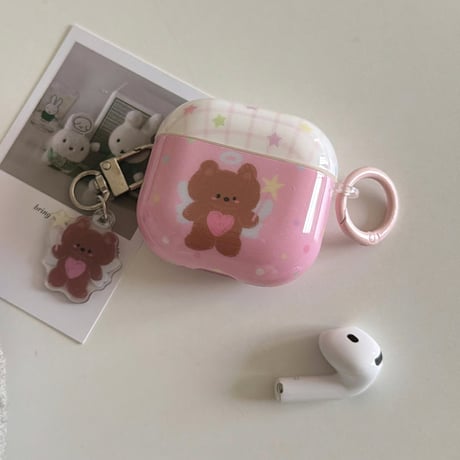 熊ちゃん Airpods Pro3ケース ピンクカラー Airpods4/3カバー pro2/pro1 リング/キーホルダー 艶感[M6669]