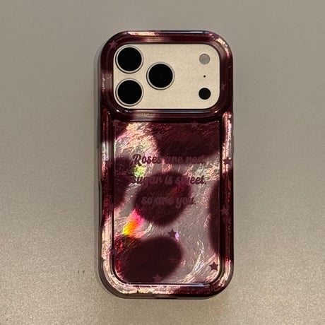 バーガンディハート柄 iPhone18Pro/18ProMaxケース キラキラ感 iPhone17Pro/16/15ProMaxカバー オーガンジーストラップ[M6786]